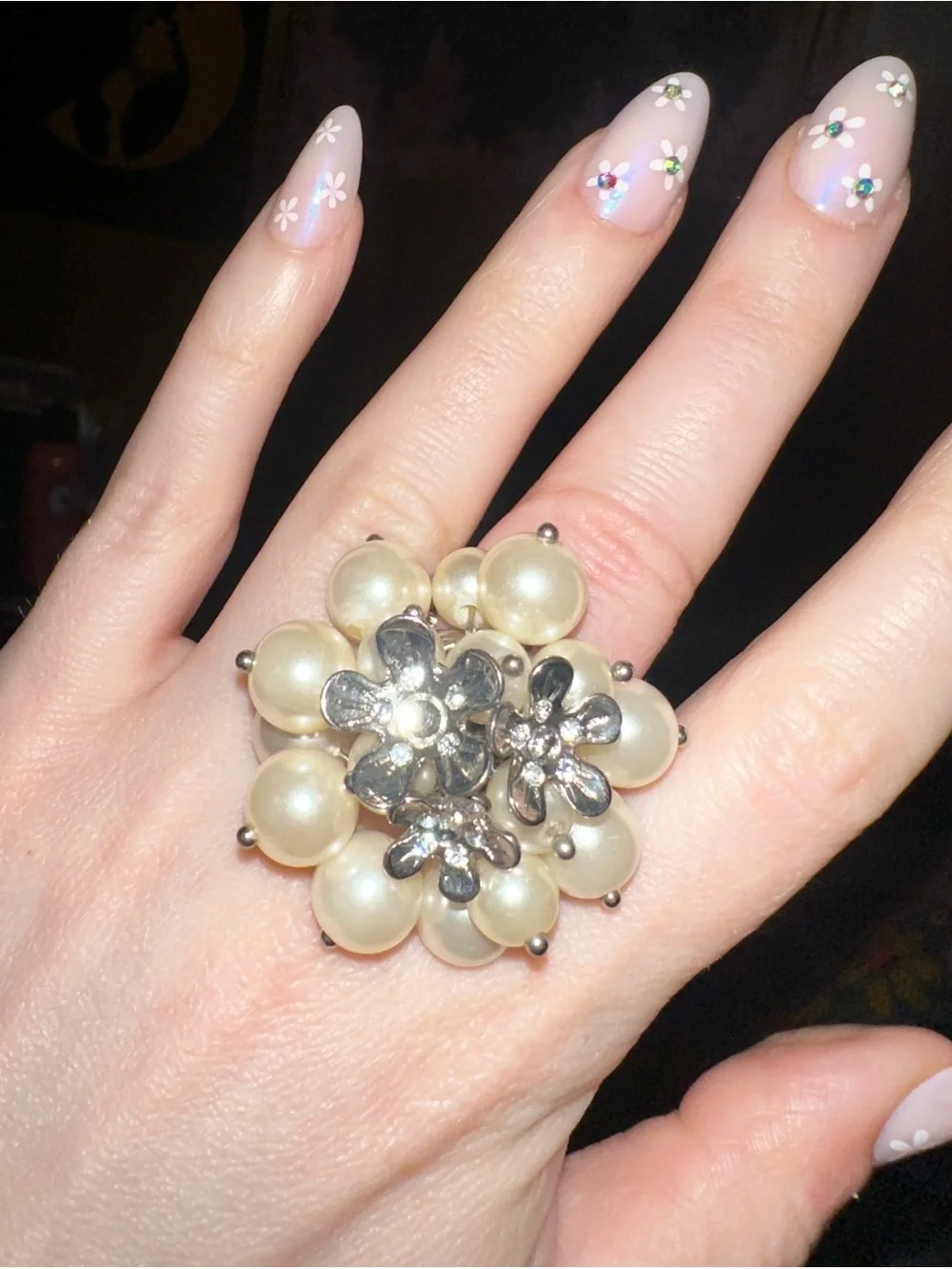Floral & Pearl Cluster Silver Tone Stretch Ring